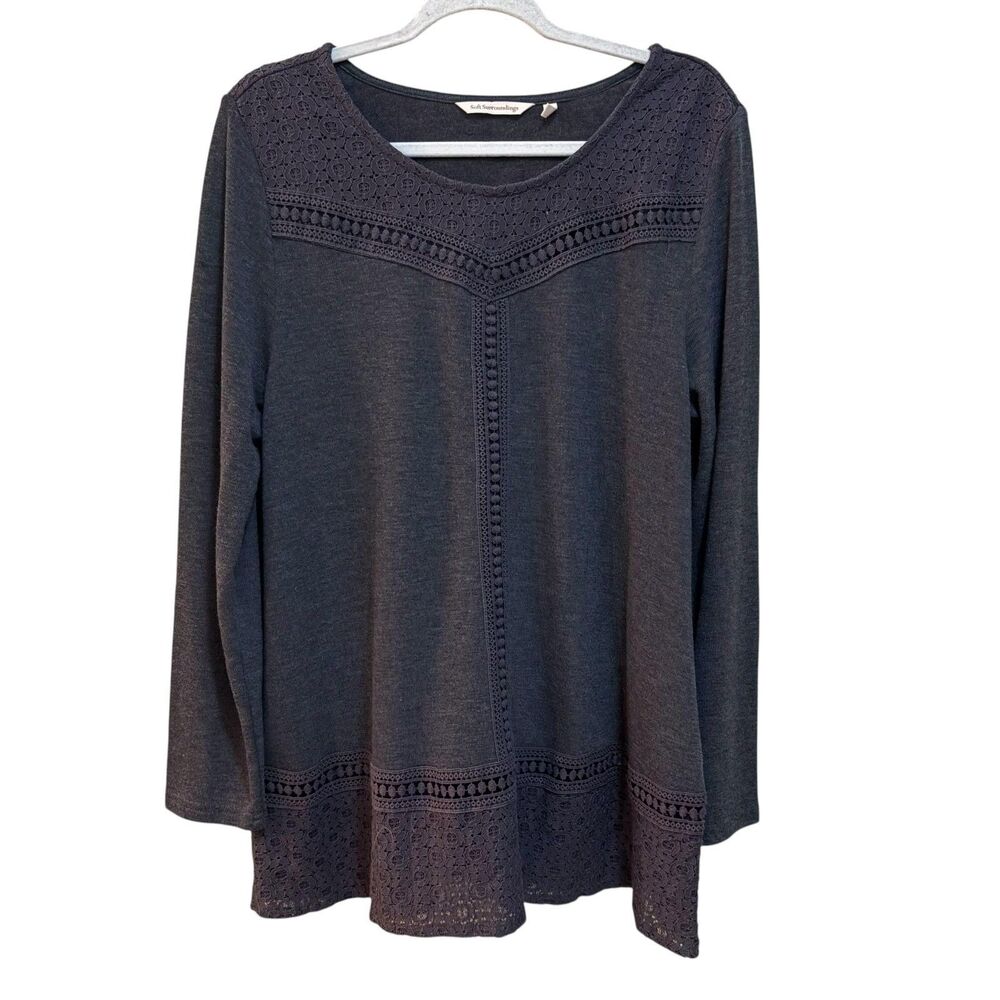 Soft Surroundings Tunic Blouse Womens XL Gray Scoop Neck Long Sleeve Crochet Top - Picture 2 of 6